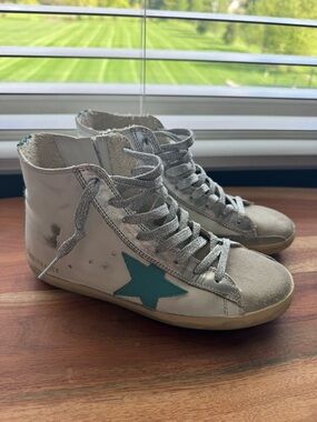 Golden Goose Francy Off-White High-Top Sneakers with Teal & Green Embellishment